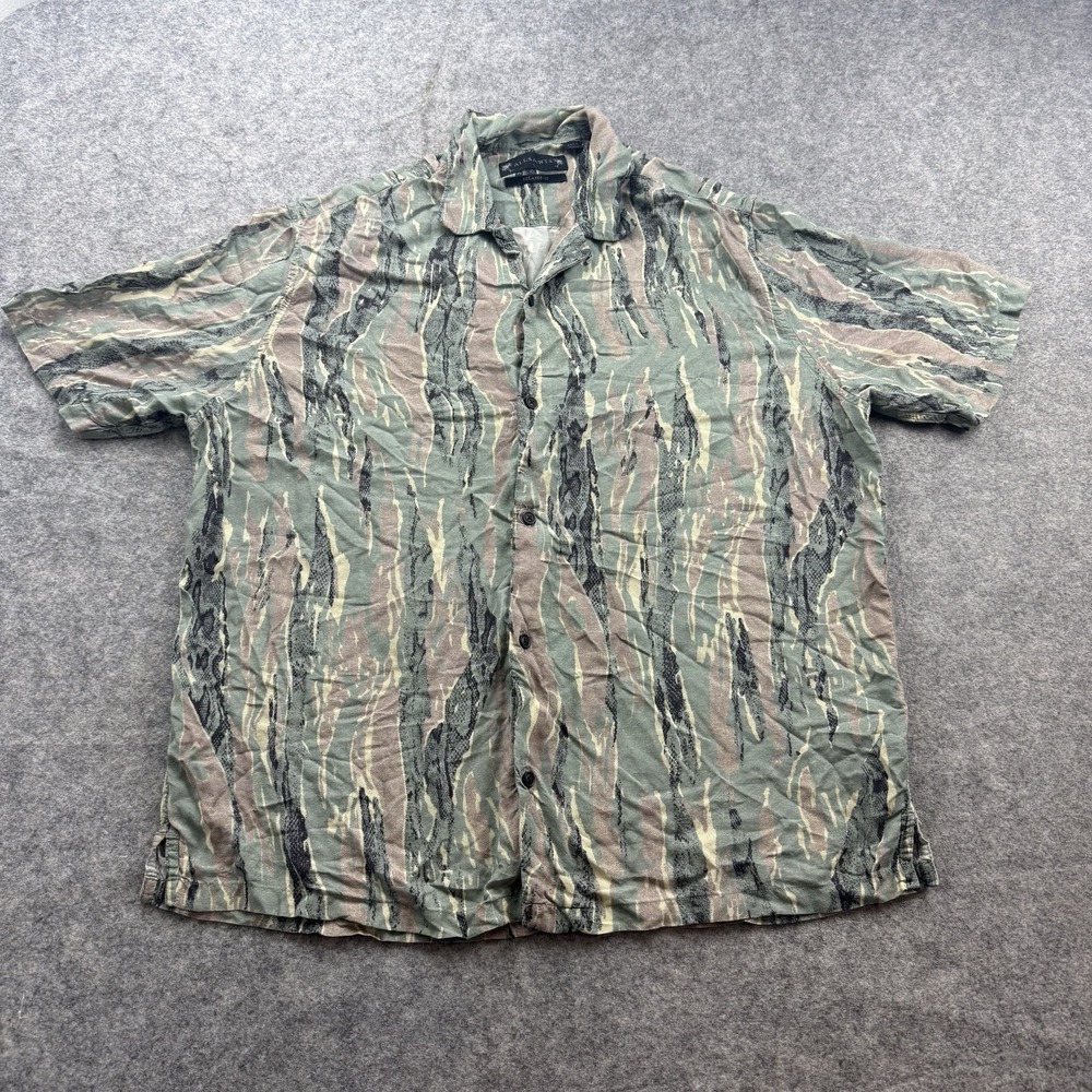 All Saints Shirt Mens L Green Camo Serpentes Viscose Button Up Camp Hawaiian